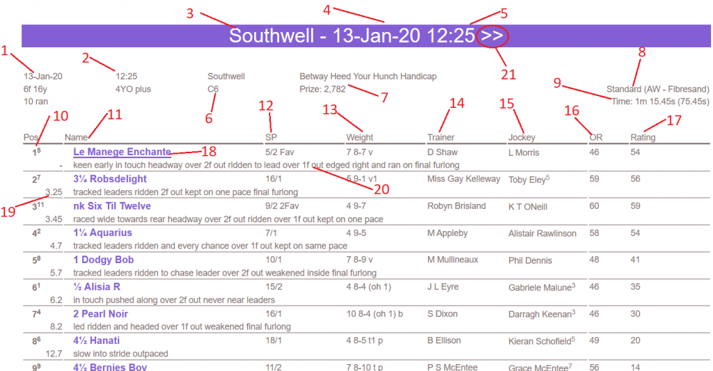 Horse Racing Racecard Result