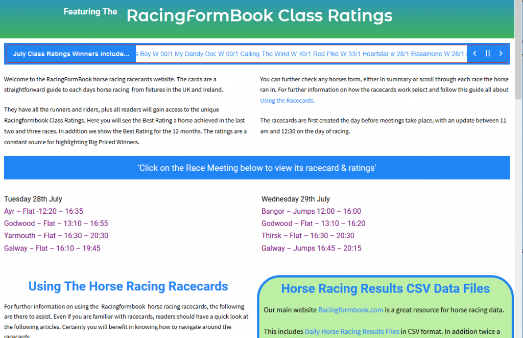 RacingFormBook Racecard Meetings